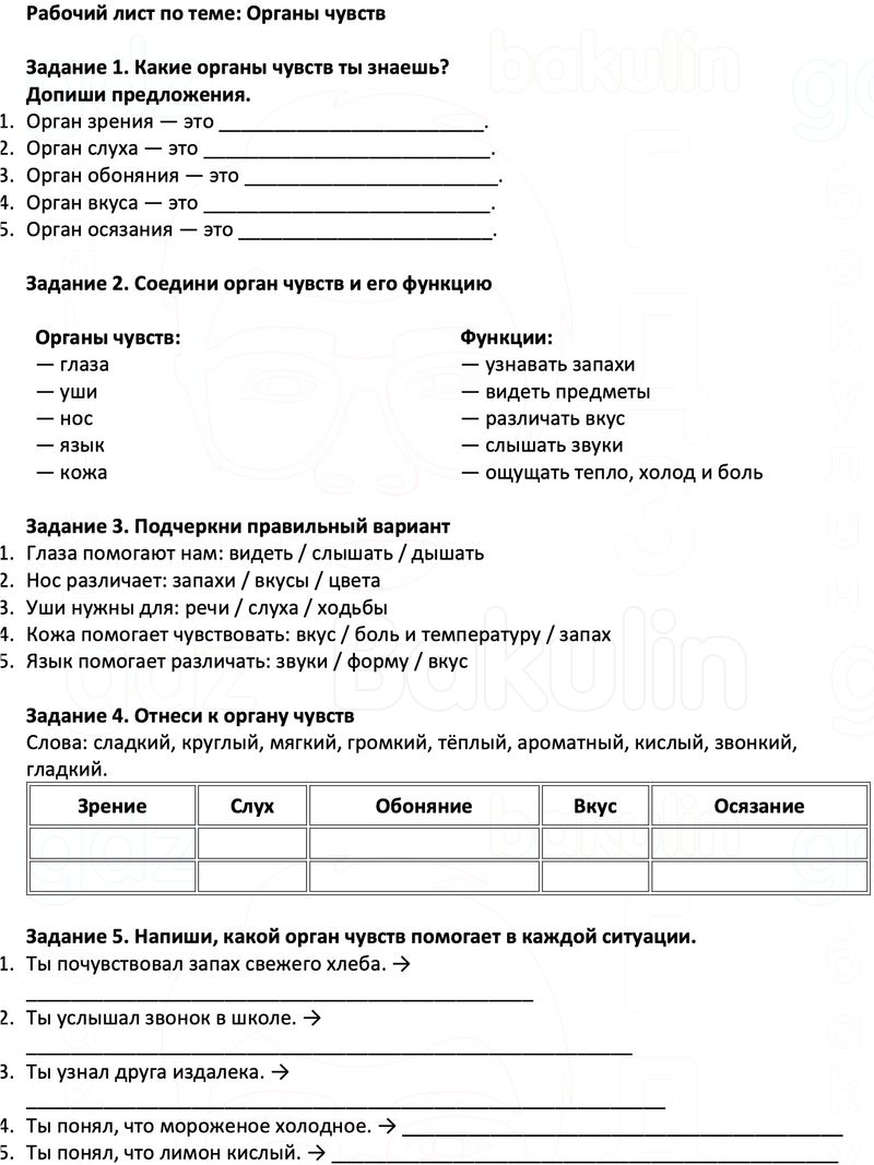 Рабочие листы Окружающий мир 3 класс Плешаков Школа России Рабочий лист по теме: Органы чувств