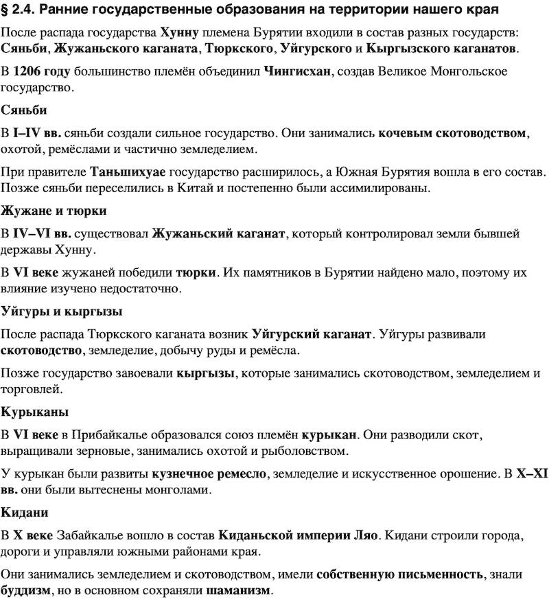 Краткий пересказ содержание История нашего края Бурятия 5 класс Чимитова, Убеева 2026 § Параграф 2.4. Ранние государственные образования на территории нашего края