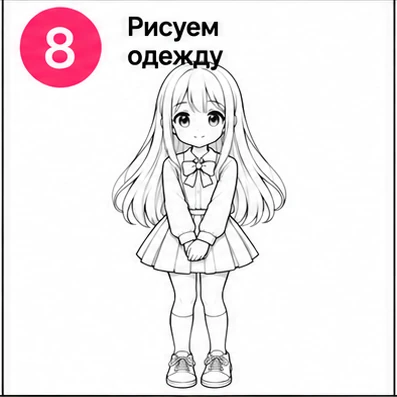 Шаг 8 рисуем одежду девочки аниме