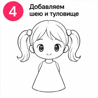 Шаг 4 добавляем шею и туловище маленькой девочки