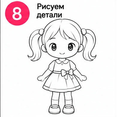 Шаг 8 рисуем детали одежды маленькой девочки
