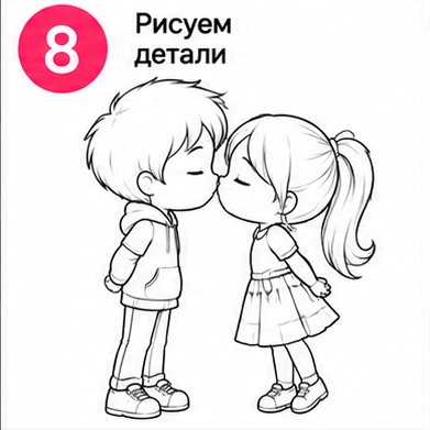 Шаг 8 рисуем детали одежды и волос мальчика и девочки