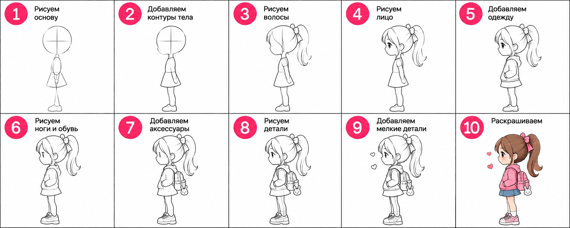 Схема поэтапного рисования девочки Тока Бока с аксессуарами