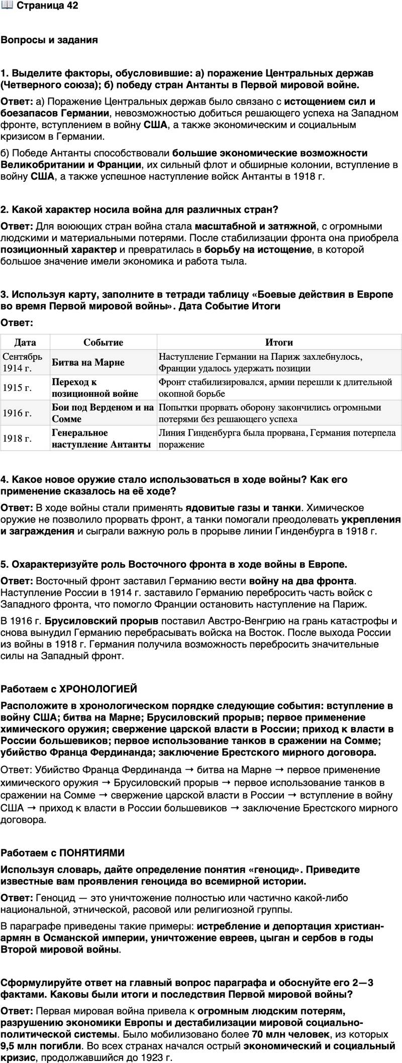 <p>Стр. 42</p>
<p>Вопросы и задания</p>
<p>1. Выделите факторы, обусловившие: а) поражение Центральных держав (Четверного союза); б) победу стран Антанты в Первой мировой войне.</p>
<p>2. Какой характер носила война для различных стран?</p>
<p>3. Используя карту, заполните в тетради таблицу &laquo;Боевые действия в Европе во время Первой мировой войны&raquo;. Дата Событие Итоги</p>
<p>4. Какое новое оружие стало использоваться в ходе войны? Как его применение сказалось на её ходе?</p>
<p>5. Охарактеризуйте роль Восточного фронта в ходе войны в Европе.</p>
<p>Работаем с ХРОНОЛОГИЕЙ<br />Расположите в хронологическом порядке следующие события: вступление в войну США; битва на Марне; Брусиловский прорыв; первое применение химического оружия; свержение царской власти в России; приход к власти в России большевиков; первое использование танков в сражении на Сомме; убийство Франца Фердинанда; заключение Брестского мирного договора.</p>
<p>Работаем с ПОНЯТИЯМИ<br />Используя словарь, дайте определение понятия &laquo;геноцид&raquo;. Приведите известные вам проявления геноцида во всемирной истории.</p>
<p>Сформулируйте ответ на главный вопрос параграфа и обоснуйте его 2&mdash;3 фактами. Каковы были итоги и последствия Первой мировой войны?</p>