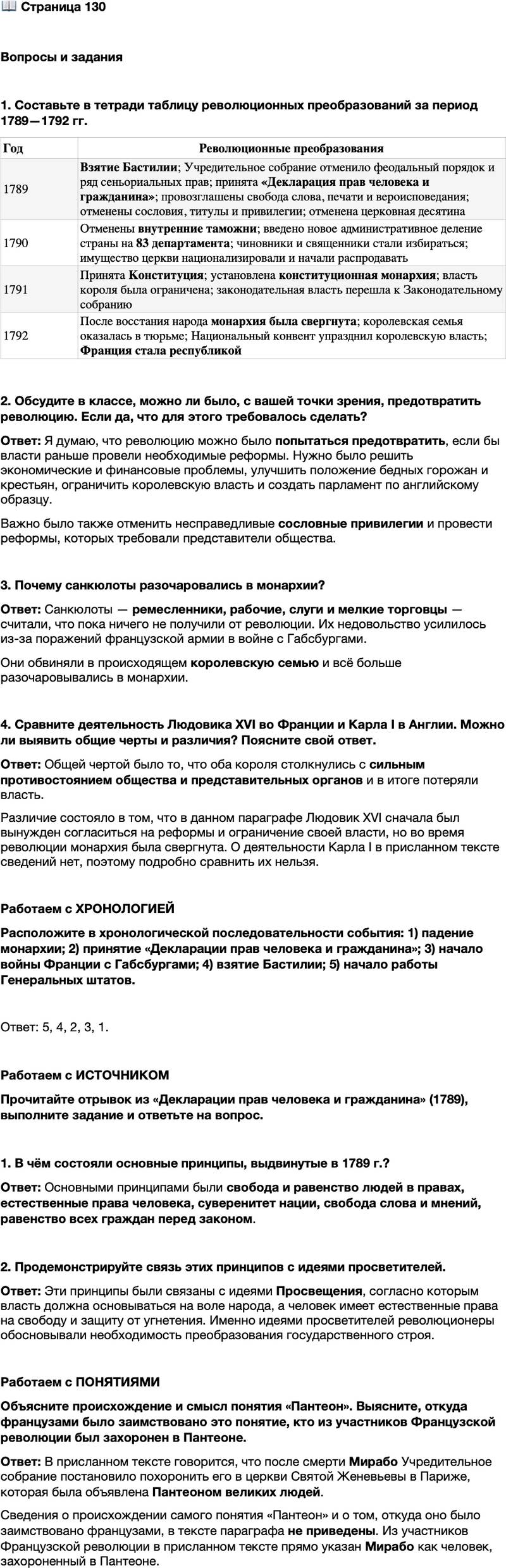 <p>Стр. 130</p>
<p>Вопросы и задания</p>
<p>1. Составьте в тетради таблицу революционных преобразований за период 1789&mdash;1792 гг.</p>
<p>2. Обсудите в классе, можно ли было, с вашей точки зрения, предотвратить революцию. Если да, что для этого требовалось сделать?</p>
<p>3. Почему санкюлоты разочаровались в монархии?</p>
<p>4. Сравните деятельность Людовика XVI во Франции и Карла I в Англии. Можно ли выявить общие черты и различия? Поясните свой ответ.</p>
<p>Работаем с ХРОНОЛОГИЕЙ<br />Расположите в хронологической последовательности события: 1) падение монархии; 2) принятие &laquo;Декларации прав человека и гражданина&raquo;; 3) начало войны Франции с Габсбургами; 4) взятие Бастилии; 5) начало работы Генеральных штатов.</p>
<p>Работаем с ИСТОЧНИКОМ<br />Прочитайте отрывок из &laquo;Декларации прав человека и гражданина&raquo; (1789), выполните задание и ответьте на вопрос.<br />Статья 1. Люди рождаются и остаются свободными и равными в правах. Общественные отличия могут основываться лишь на соображениях общей пользы.<br />Статья 2. Цель каждого политического союза &mdash; сохранение естественных и неотъемлемых прав человека. Таковы свобода, собственность, безопасность и сопротивление угнетению.<br />Статья 3. Любой суверенитет по сути своей принадлежит нации. <&hellip;><br />Статья 4. Свобода состоит в возможности делать всё, что не наносит вреда другому: таким образом, пользование каждого человека естественными правами ограничено лишь тем, что обеспечивает другим членам общества пользование теми же правами. Пределы эти могут быть определены лишь законом. <&hellip;><br />Статья 6. Закон есть выражение общей воли. Все граждане имеют право участвовать в его создании лично или через своих представителей. Он должен быть единым для всех, защищает он или карает. <&hellip;><br />Статья 11. Свободное выражение мыслей и мнений &mdash; самое ценное право человека; таким образом, каждый гражданин может свободно высказываться, писать, публиковать, отвечая лишь за злоупотребление этой свободой в случаях, предусмотренных законом.</p>
<p>1. В чём состояли основные принципы, выдвинутые в 1789 г.?</p>
<p>2. Продемонстрируйте связь этих принципов с идеями просветителей.</p>
<p>Работаем с ПОНЯТИЯМИ<br />Объясните происхождение и смысл понятия &laquo;Пантеон&raquo;. Выясните, откуда французами было заимствовано это понятие, кто из участников Французской революции был захоронен в Пантеоне.</p>