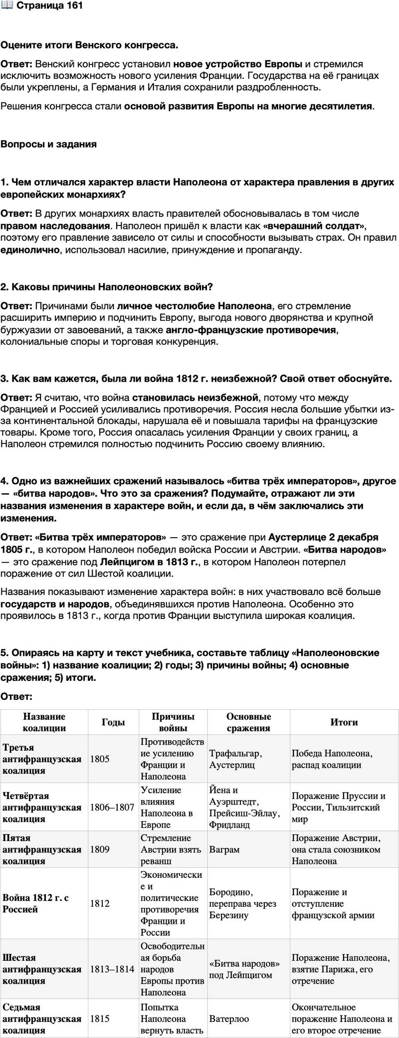 <p>Стр. 161</p>
<p>Оцените итоги Венского конгресса.</p>
<p>Вопросы и задания</p>
<p>1. Чем отличался характер власти Наполеона от характера правления в других евро-<br />пейских монархиях?</p>
<p>2. Каковы причины Наполеоновских войн?</p>
<p>3. Как вам кажется, была ли война 1812 г. неизбежной? Свой ответ обоснуйте.</p>
<p>4. Одно из важнейших сражений называлось &laquo;битва трёх императоров&raquo;, другое &mdash; &laquo;битва народов&raquo;. Что это за сражения? Подумайте, отражают ли эти названия изменения в характере войн, и если да, в чём заключались эти изменения.</p>
<p>5. Опираясь на карту и текст учебника, составьте таблицу &laquo;Наполеоновские войны&raquo;: 1) название коалиции; 2) годы; 3) причины войны; 4) основные сражения; 5) итоги.</p>